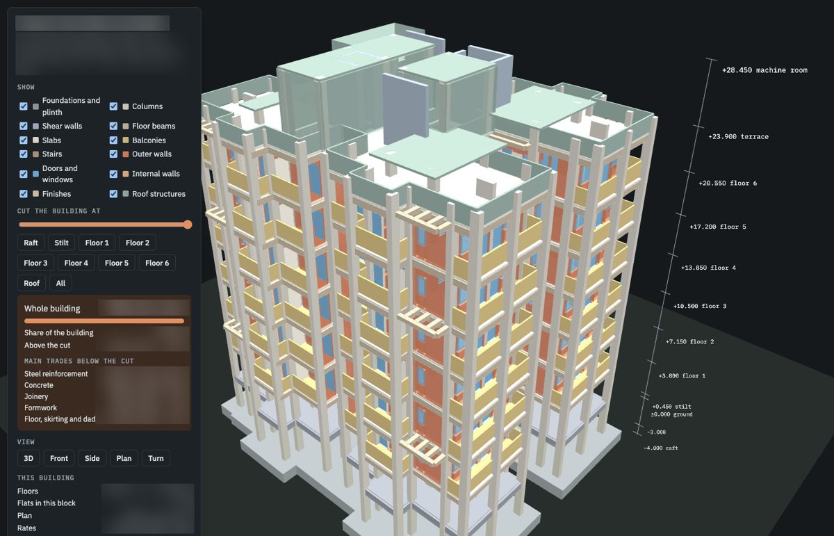 3D model of a residential block with its structure, walls and openings; names and costs blurred